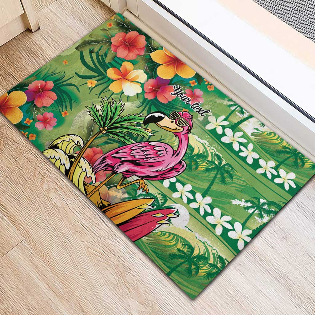 Hawaiian Flamingo Hibiscus Personalised Rubber Doormat Green Summer Tropical Flowers - Polynesian Pride