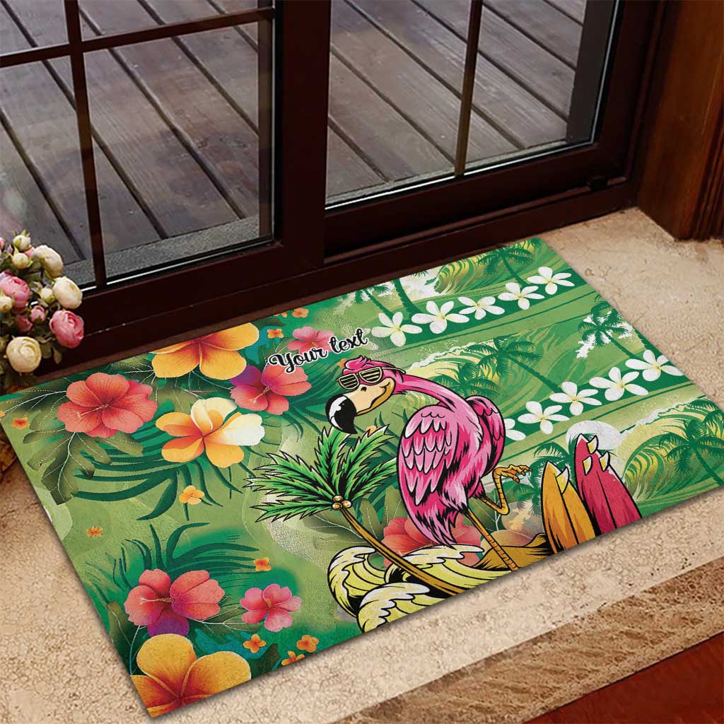 Hawaiian Flamingo Hibiscus Personalised Rubber Doormat Green Summer Tropical Flowers - Polynesian Pride