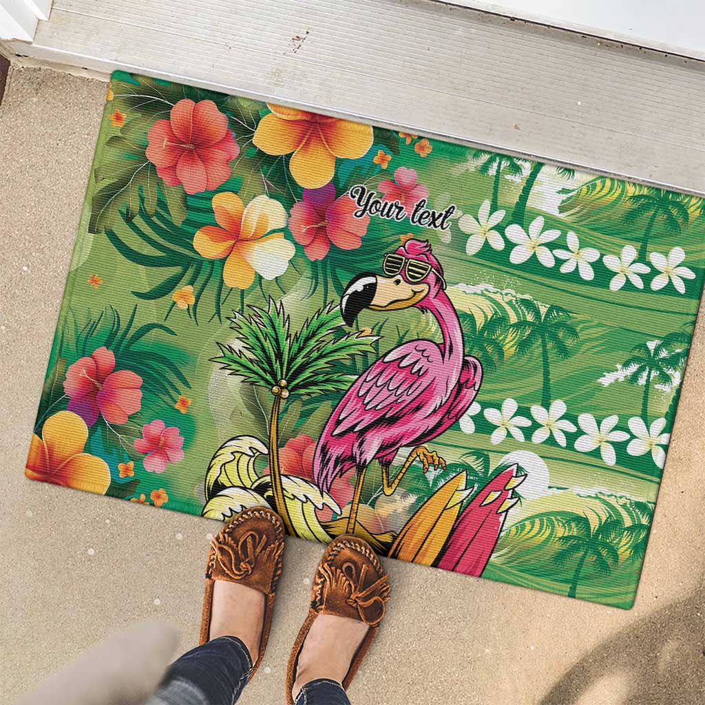 Hawaiian Flamingo Hibiscus Personalised Rubber Doormat Green Summer Tropical Flowers - Polynesian Pride