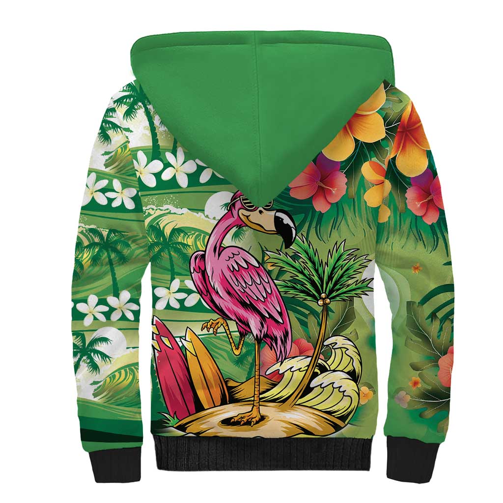 Hawaiian Flamingo Hibiscus Personalised Sherpa Hoodie Green Summer Tropical Flowers LT9 - Polynesian Pride