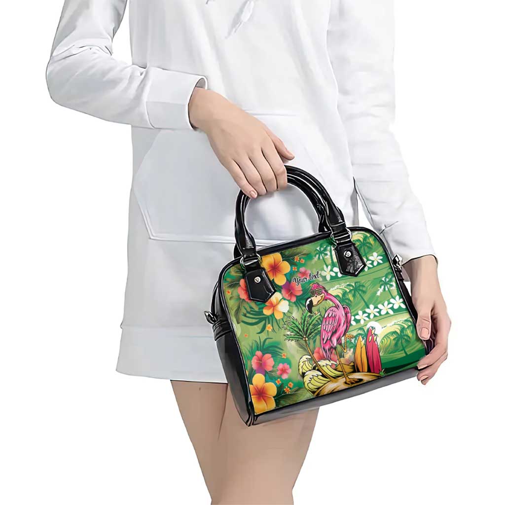 Hawaiian Flamingo Hibiscus Personalised Shoulder Handbag Green Summer Tropical Flowers - Polynesian Pride