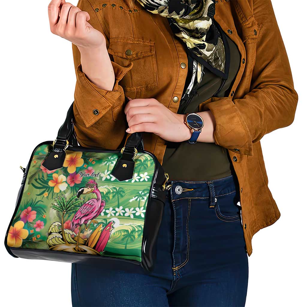 Hawaiian Flamingo Hibiscus Personalised Shoulder Handbag Green Summer Tropical Flowers - Polynesian Pride