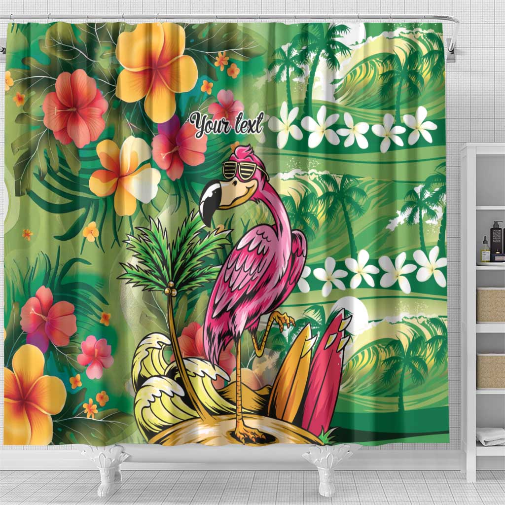 Hawaiian Flamingo Hibiscus Personalised Shower Curtain Green Summer Tropical Flowers - Polynesian Pride