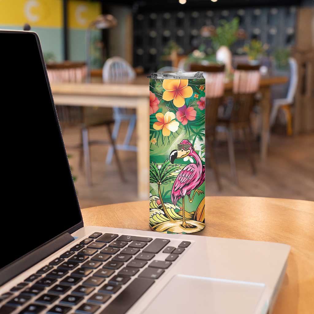 Hawaiian Flamingo Hibiscus Personalised Skinny Tumbler Green Summer Tropical Flowers - Polynesian Pride