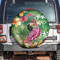 Hawaiian Flamingo Hibiscus Personalised Spare Tire Cover Green Summer Tropical Flowers - Polynesian Pride