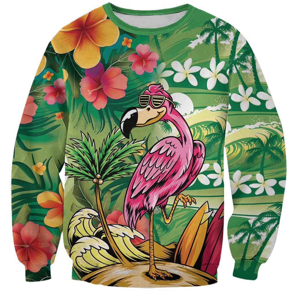 Hawaiian Flamingo Hibiscus Personalised Sweatshirt Green Summer Tropical Flowers - Polynesian Pride