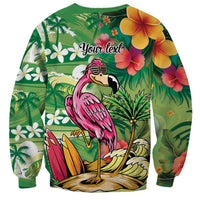 Hawaiian Flamingo Hibiscus Personalised Sweatshirt Green Summer Tropical Flowers - Polynesian Pride