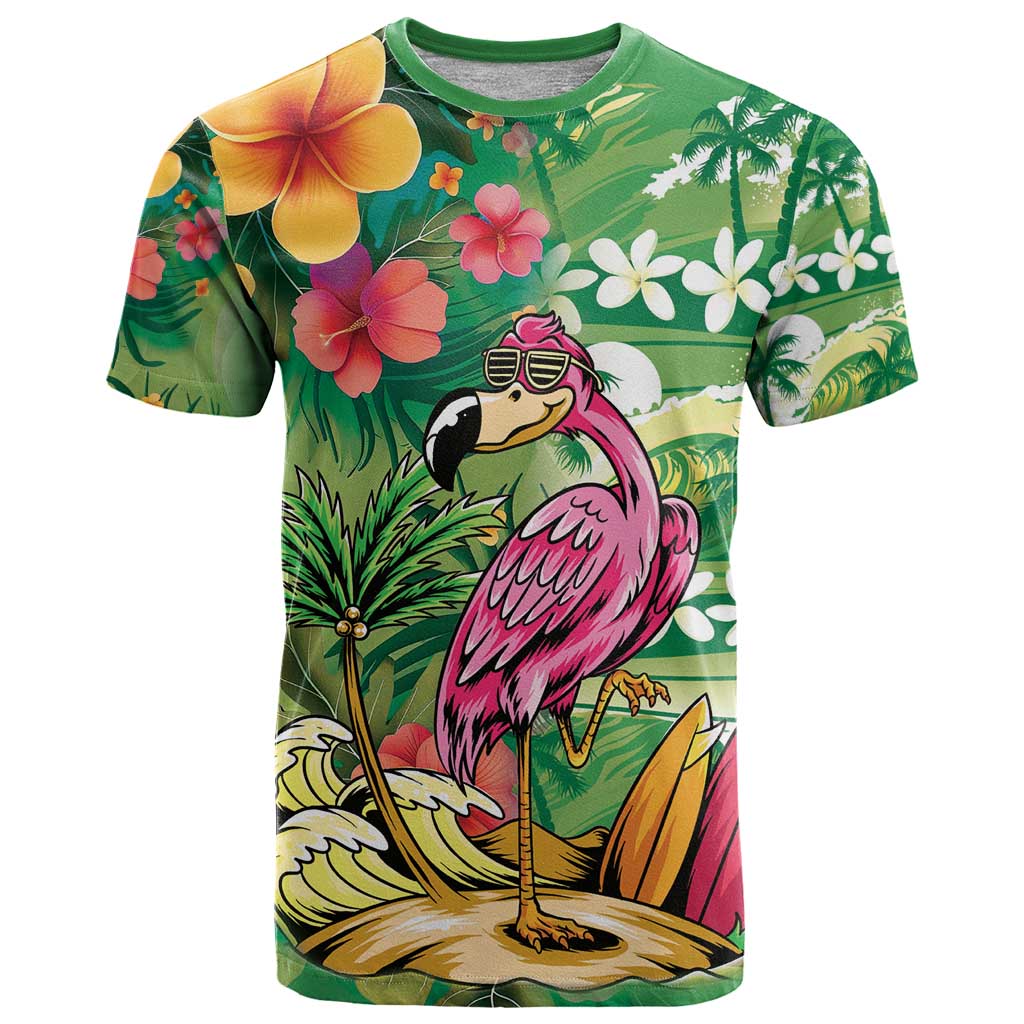 Hawaiian Flamingo Hibiscus Personalised T Shirt Green Summer Tropical Flowers - Polynesian Pride