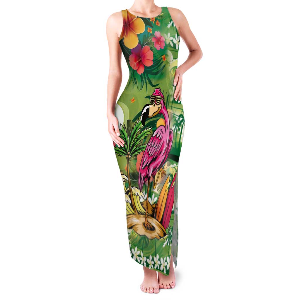 Hawaiian Flamingo Hibiscus Personalised Tank Maxi Dress Green Summer Tropical Flowers - Polynesian Pride