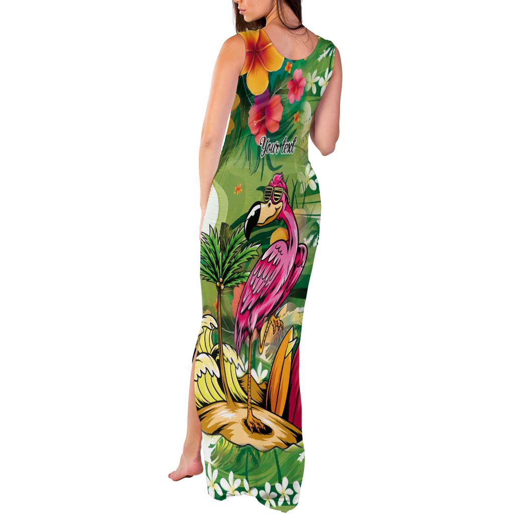 Hawaiian Flamingo Hibiscus Personalised Tank Maxi Dress Green Summer Tropical Flowers - Polynesian Pride