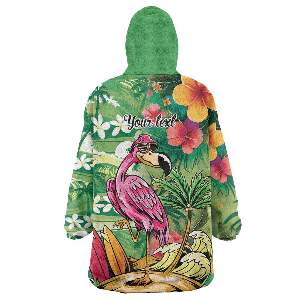 Hawaiian Flamingo Hibiscus Personalised Wearable Blanket Hoodie Green Summer Tropical Flowers - Polynesian Pride