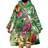 Hawaiian Flamingo Hibiscus Personalised Wearable Blanket Hoodie Green Summer Tropical Flowers - Polynesian Pride