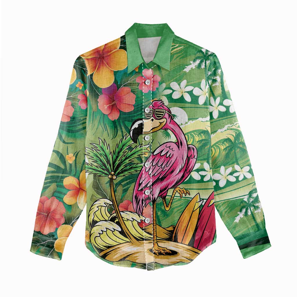 Hawaiian Flamingo Hibiscus Personalised Women Casual Shirt Green Summer Tropical Flowers - Polynesian Pride