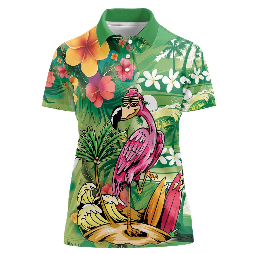 Hawaiian Flamingo Hibiscus Personalised Women Polo Shirt Green Summer Tropical Flowers - Polynesian Pride