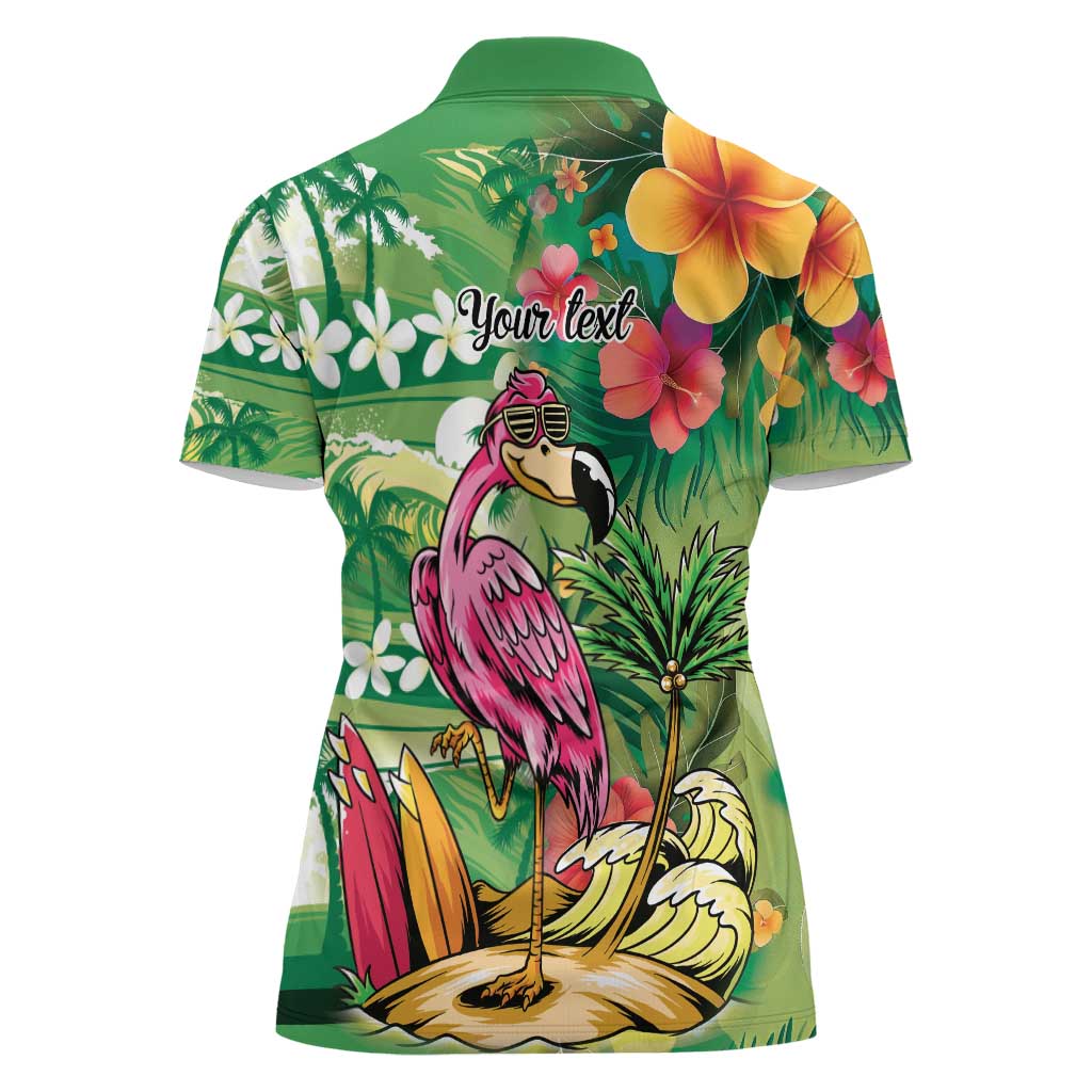 Hawaiian Flamingo Hibiscus Personalised Women Polo Shirt Green Summer Tropical Flowers - Polynesian Pride
