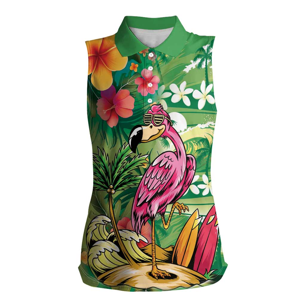 Hawaiian Flamingo Hibiscus Personalised Women Sleeveless Polo Shirt Green Summer Tropical Flowers - Polynesian Pride