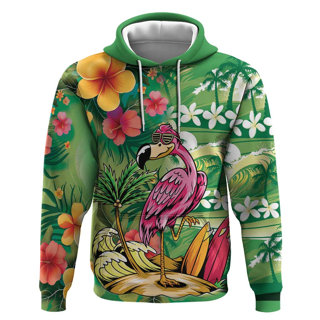 Hawaiian Flamingo Hibiscus Personalised Zip Hoodie Green Summer Tropical Flowers - Polynesian Pride