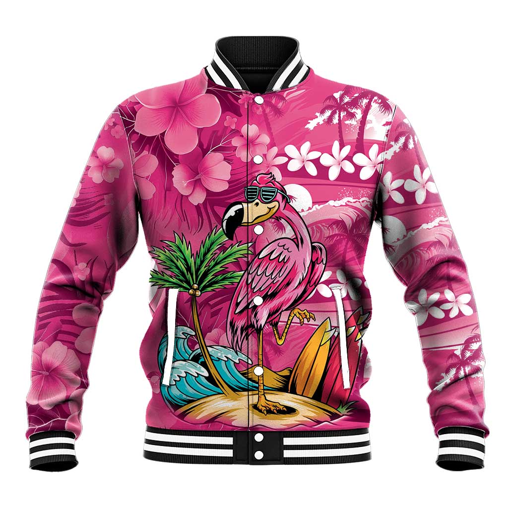 Hawaiian Flamingo Hibiscus Personalised Baseball Jacket Pink Summer Tropical Flowers - Polynesian Pride