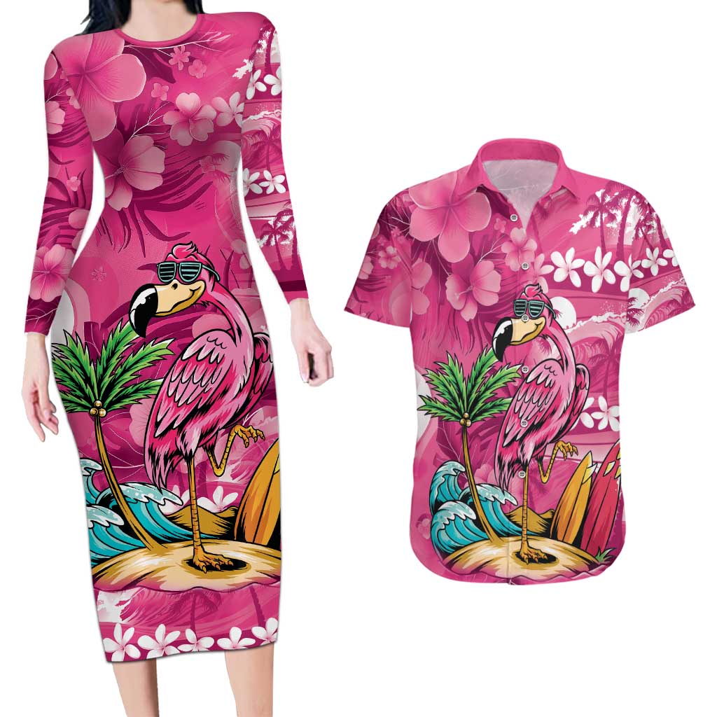 Hawaiian Flamingo Hibiscus Personalised Couples Matching Long Sleeve Bodycon Dress and Hawaiian Shirt Pink Summer Tropical Flowers - Polynesian Pride