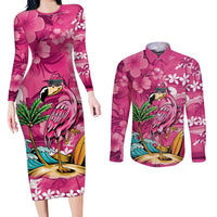 Hawaiian Flamingo Hibiscus Personalised Couples Matching Long Sleeve Bodycon Dress and Long Sleeve Button Shirt Pink Summer Tropical Flowers - Polynesian Pride
