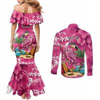 Hawaiian Flamingo Hibiscus Personalised Couples Matching Mermaid Dress and Long Sleeve Button Shirt Pink Summer Tropical Flowers - Polynesian Pride