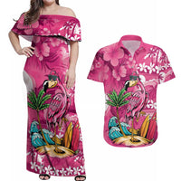 Hawaiian Flamingo Hibiscus Personalised Couples Matching Off Shoulder Maxi Dress and Hawaiian Shirt Pink Summer Tropical Flowers - Polynesian Pride