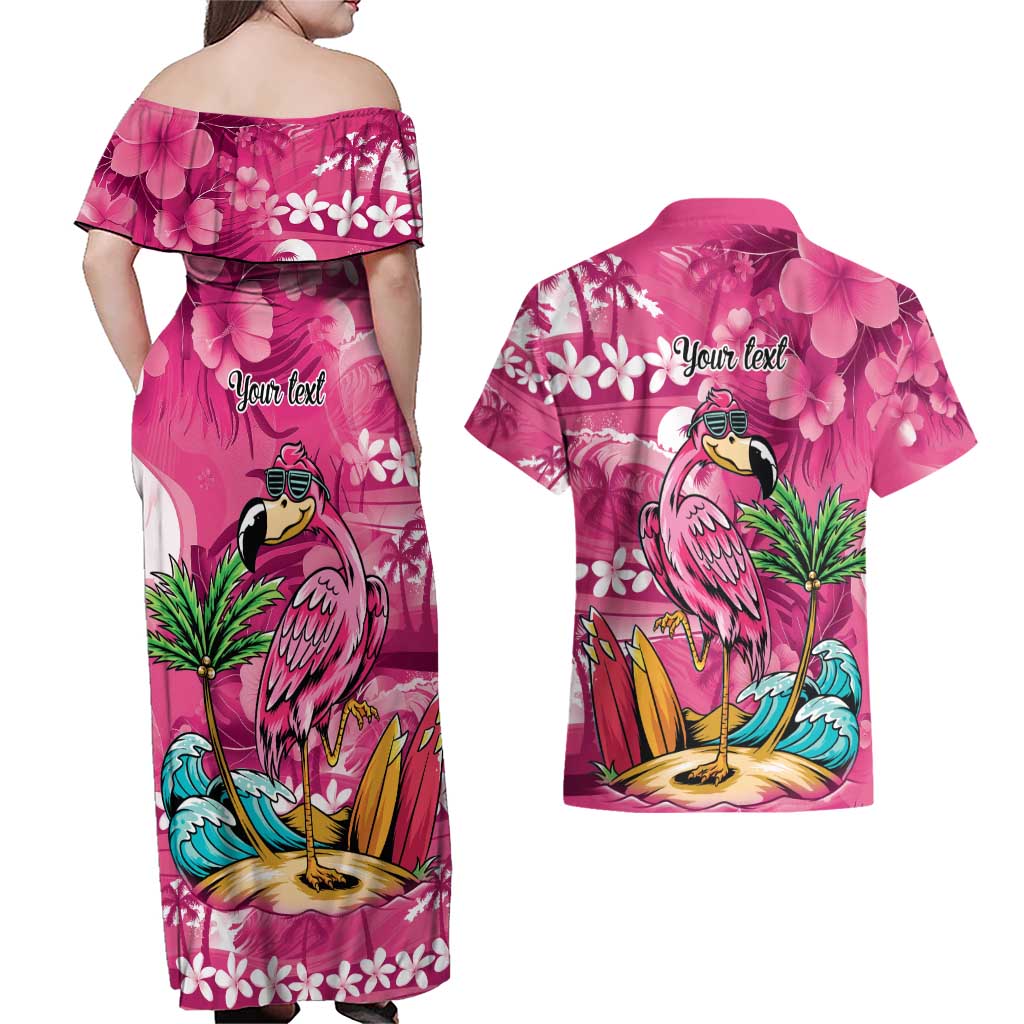 Hawaiian Flamingo Hibiscus Personalised Couples Matching Off Shoulder Maxi Dress and Hawaiian Shirt Pink Summer Tropical Flowers - Polynesian Pride