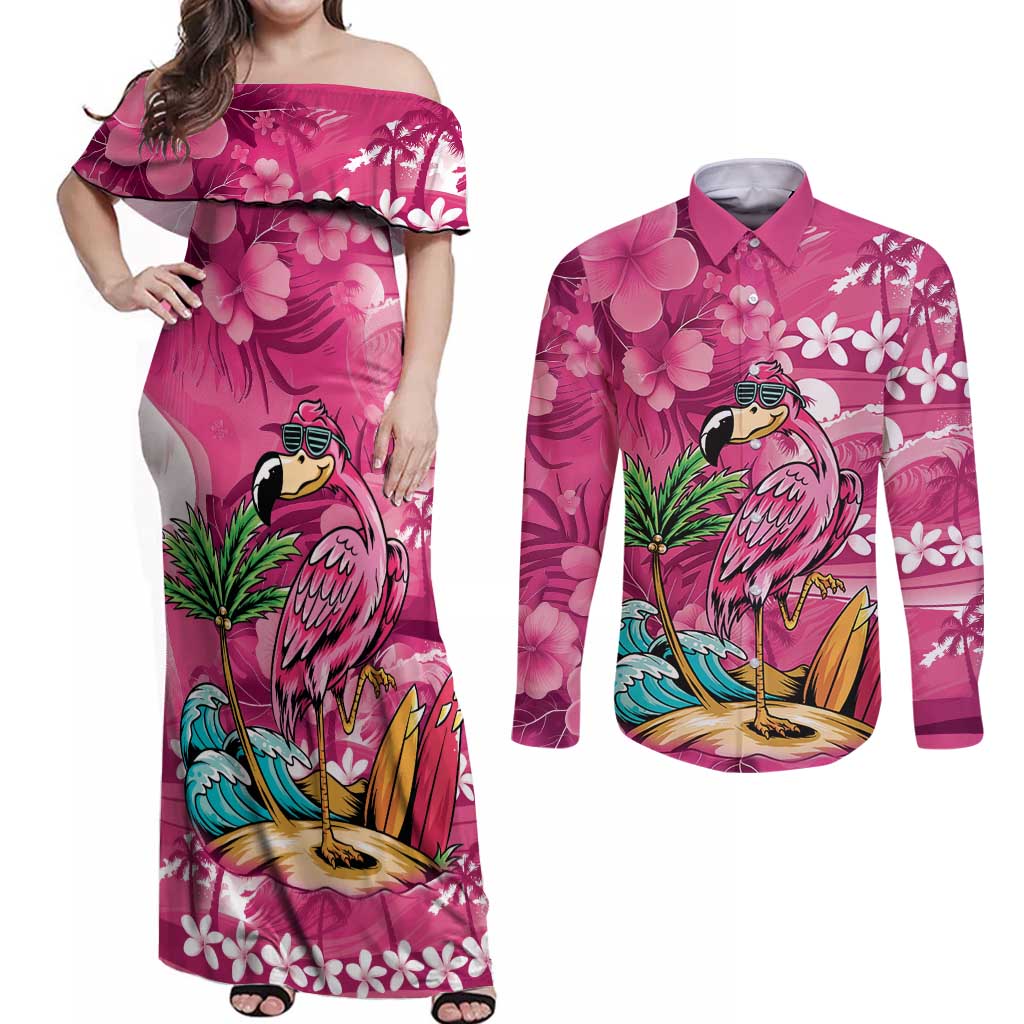 Hawaiian Flamingo Hibiscus Personalised Couples Matching Off Shoulder Maxi Dress and Long Sleeve Button Shirt Pink Summer Tropical Flowers - Polynesian Pride