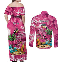 Hawaiian Flamingo Hibiscus Personalised Couples Matching Off Shoulder Maxi Dress and Long Sleeve Button Shirt Pink Summer Tropical Flowers - Polynesian Pride