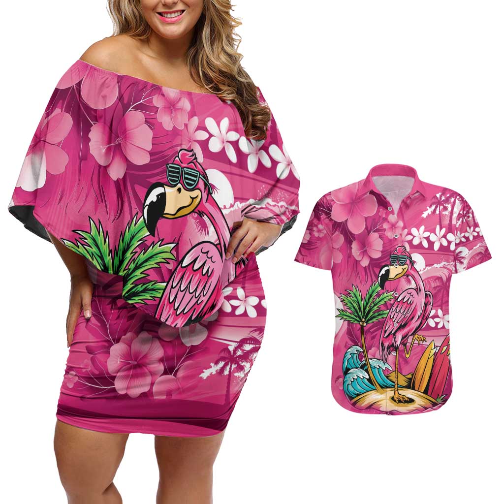 Hawaiian Flamingo Hibiscus Personalised Couples Matching Off Shoulder Short Dress and Hawaiian Shirt Pink Summer Tropical Flowers - Polynesian Pride