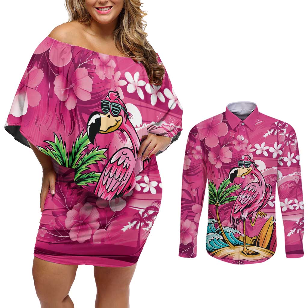 Hawaiian Flamingo Hibiscus Personalised Couples Matching Off Shoulder Short Dress and Long Sleeve Button Shirt Pink Summer Tropical Flowers - Polynesian Pride