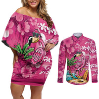 Hawaiian Flamingo Hibiscus Personalised Couples Matching Off Shoulder Short Dress and Long Sleeve Button Shirt Pink Summer Tropical Flowers - Polynesian Pride