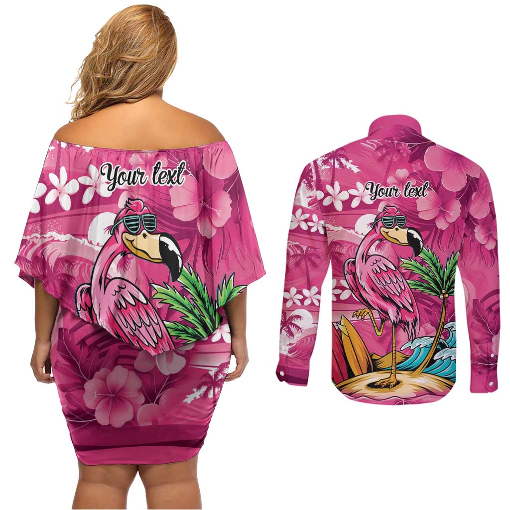Hawaiian Flamingo Hibiscus Personalised Couples Matching Off Shoulder Short Dress and Long Sleeve Button Shirt Pink Summer Tropical Flowers - Polynesian Pride