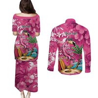 Hawaiian Flamingo Hibiscus Personalised Couples Matching Puletasi and Long Sleeve Button Shirt Pink Summer Tropical Flowers - Polynesian Pride