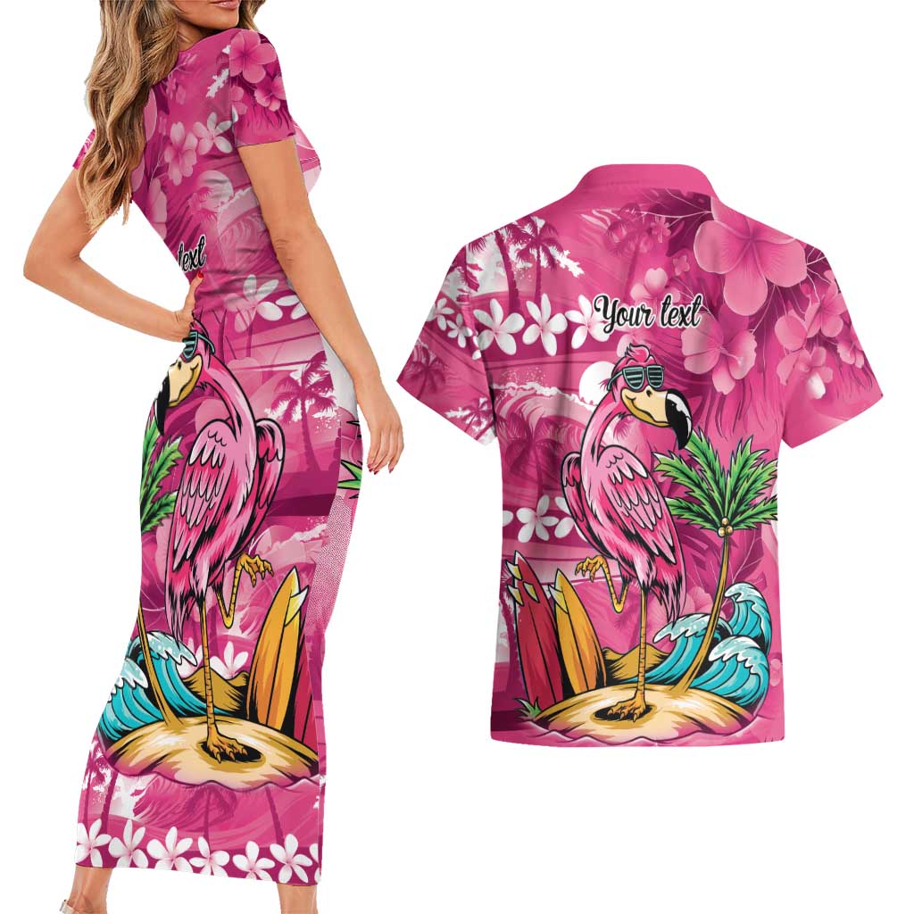 Hawaiian Flamingo Hibiscus Personalised Couples Matching Short Sleeve Bodycon Dress and Hawaiian Shirt Pink Summer Tropical Flowers - Polynesian Pride