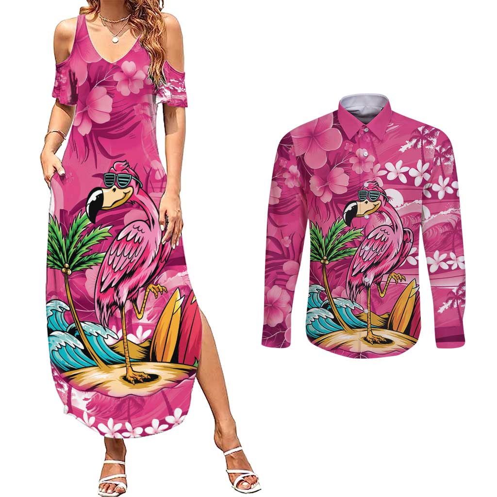 Hawaiian Flamingo Hibiscus Personalised Couples Matching Summer Maxi Dress and Long Sleeve Button Shirt Pink Summer Tropical Flowers - Polynesian Pride