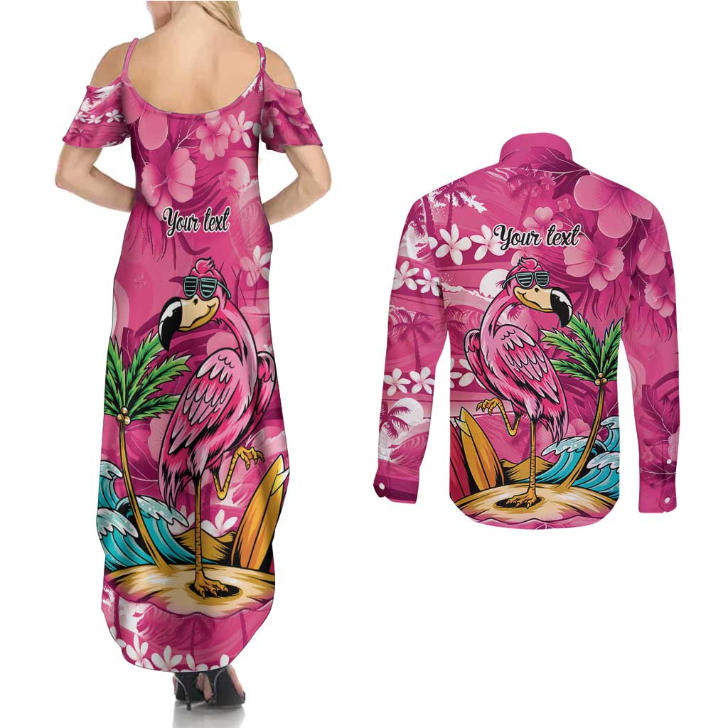 Hawaiian Flamingo Hibiscus Personalised Couples Matching Summer Maxi Dress and Long Sleeve Button Shirt Pink Summer Tropical Flowers - Polynesian Pride