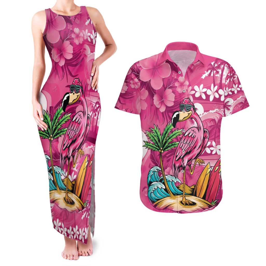 Hawaiian Flamingo Hibiscus Personalised Couples Matching Tank Maxi Dress and Hawaiian Shirt Pink Summer Tropical Flowers - Polynesian Pride