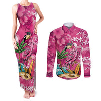 Hawaiian Flamingo Hibiscus Personalised Couples Matching Tank Maxi Dress and Long Sleeve Button Shirt Pink Summer Tropical Flowers - Polynesian Pride