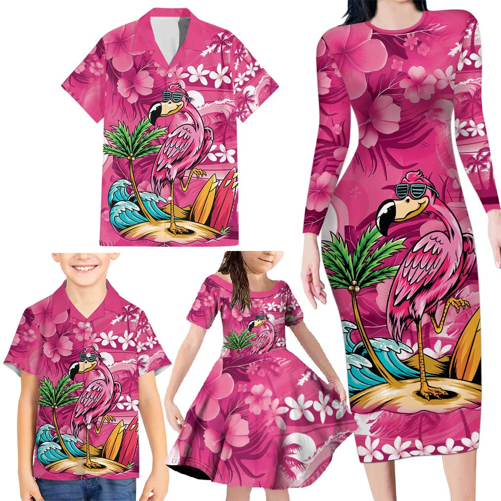 Hawaiian Flamingo Hibiscus Personalised Family Matching Long Sleeve Bodycon Dress and Hawaiian Shirt Pink Summer Tropical Flowers - Polynesian Pride