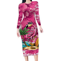 Hawaiian Flamingo Hibiscus Personalised Family Matching Long Sleeve Bodycon Dress and Hawaiian Shirt Pink Summer Tropical Flowers - Polynesian Pride