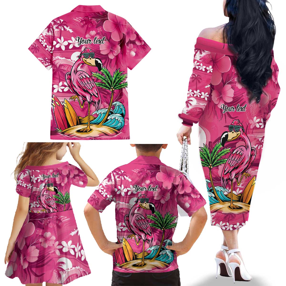Hawaiian Flamingo Hibiscus Personalised Family Matching Off The Shoulder Long Sleeve Dress and Hawaiian Shirt Pink Summer Tropical Flowers - Polynesian Pride