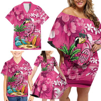 Hawaiian Flamingo Hibiscus Personalised Family Matching Off Shoulder Short Dress and Hawaiian Shirt Pink Summer Tropical Flowers - Polynesian Pride