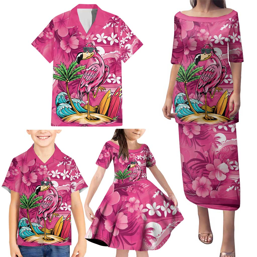 Hawaiian Flamingo Hibiscus Personalised Family Matching Puletasi and Hawaiian Shirt Pink Summer Tropical Flowers - Polynesian Pride
