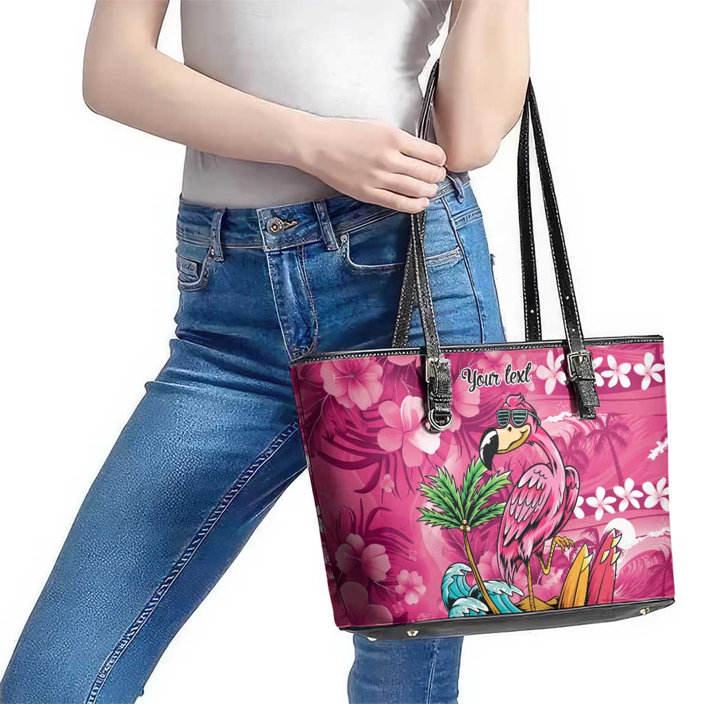 Hawaiian Flamingo Hibiscus Personalised Leather Tote Bag Pink Summer Tropical Flowers - Polynesian Pride