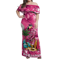Hawaiian Flamingo Hibiscus Personalised Off Shoulder Maxi Dress Pink Summer Tropical Flowers - Polynesian Pride
