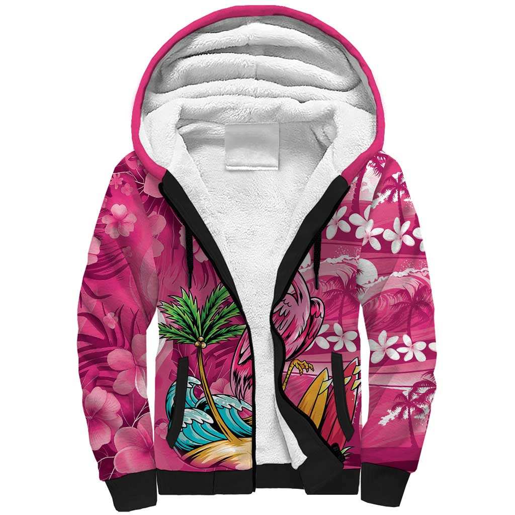Hawaiian Flamingo Hibiscus Personalised Sherpa Hoodie Pink Summer Tropical Flowers - Polynesian Pride