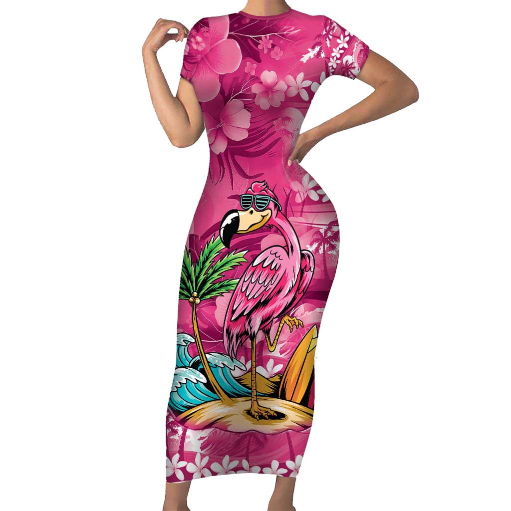 Hawaiian Flamingo Hibiscus Personalised Short Sleeve Bodycon Dress Pink Summer Tropical Flowers - Polynesian Pride
