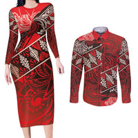 Vintage Ngatu Tribal Tonga Pattern Couples Matching Long Sleeve Bodycon Dress and Long Sleeve Button Shirt - Polynesian Pride