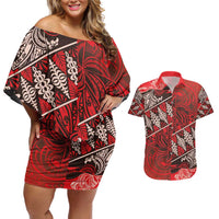 Vintage Ngatu Tribal Tonga Pattern Couples Matching Off Shoulder Short Dress and Hawaiian Shirt - Polynesian Pride